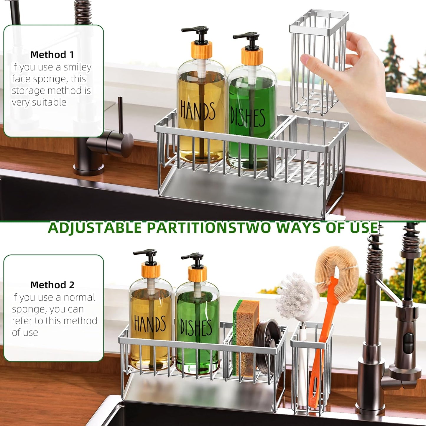 Cisily Kitchen Dish Soap Dispenser Set with 2 Pack 16.9oz Black Glass Bottle and Sponge Holder, Dish Soap Dispensers with Adjustable Sponge Holder, Vintage Hand and Dish Soap Dispensers Set