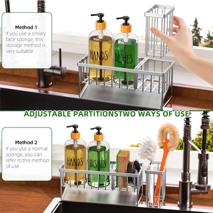 Cisily Kitchen Dish Soap Dispenser Set with 2 Pack 16.9oz Black Glass Bottle and Sponge Holder, Dish Soap Dispensers with Adjustable Sponge Holder, Vintage Hand and Dish Soap Dispensers Set