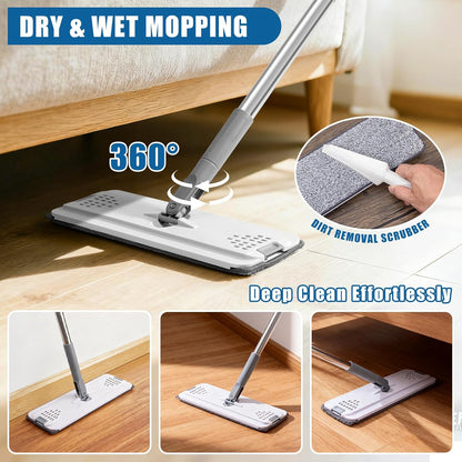 Flat Mop and Bucket Set with Heavy Duty Scrub Brush, 2 Washable Reusable Microfiber Pads, for Tile Hardwood, Wall Cleaning, Home Indoor or Outdoor Cleaning (White-Gray)