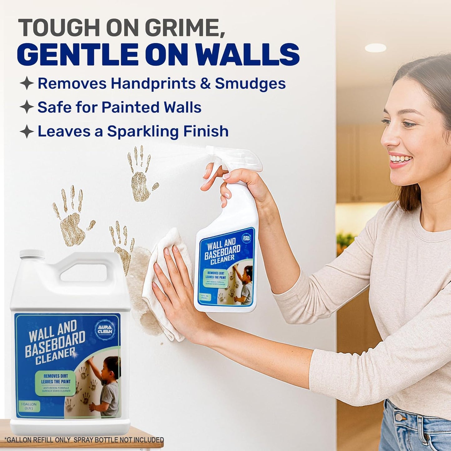 Gentle Wall & Baseboard Cleaner - Safe for Painted Walls & Trim | Non-Toxic, No-Rinse Spray | Anti-Resoil, Streak-Free Finish for Everyday Cleaning | 32 oz (1 Quart) | Made in USA