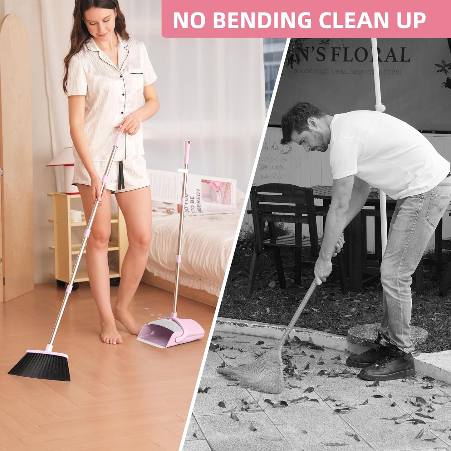 BSKLIN Broom and Dustpan Set, 52” Long Adjustable Handle Broom with Dustpan Combo Set with Dust Pan Teeth to Clean Hair for Home Lobby Office (Pink)