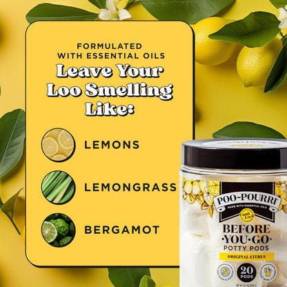 Poo~Pourri Original Citrus Before-You-Go 2-in-1 Toilet Potty Pods 20ct - Bathroom Odor Remover & Toilet Cleaner - Plant Based Ingredients & Essential Oils - with Lemon, Bergamot, & Lemongrass Scent