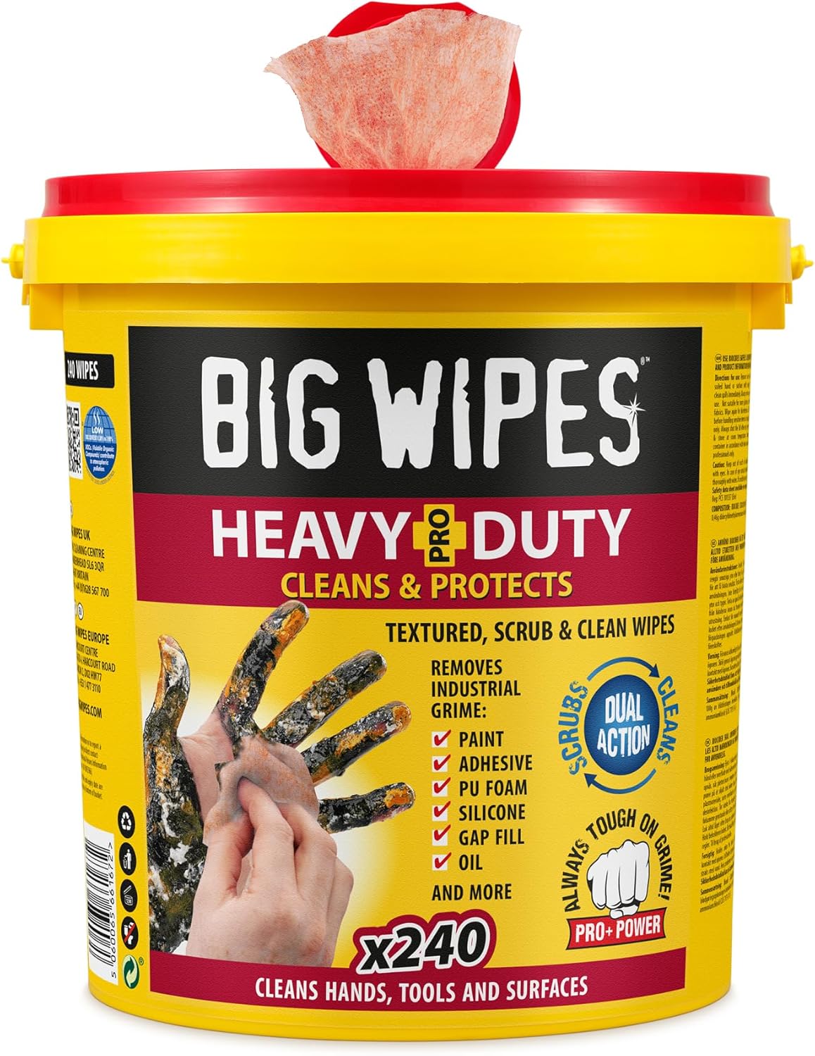BIG WIPES Heavy Duty Industrial Hand Cleaning Wipes, Textured Scrubbing Degreaser Wipes for Mechanics and Tool Cleaner – 240 Count Bucket (1 Pack)
