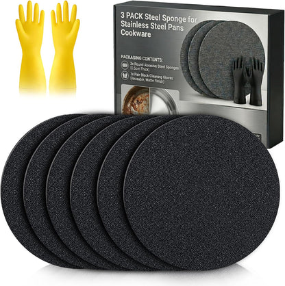 3PACK Korea Steel Sponge for Stainless Steel Pans Cookware - Croppable Professional Stainless Steel Pan Sponges for Heavy Duty Burnt-On Stain Removal, Mirror Shine Restorer (3PCS)