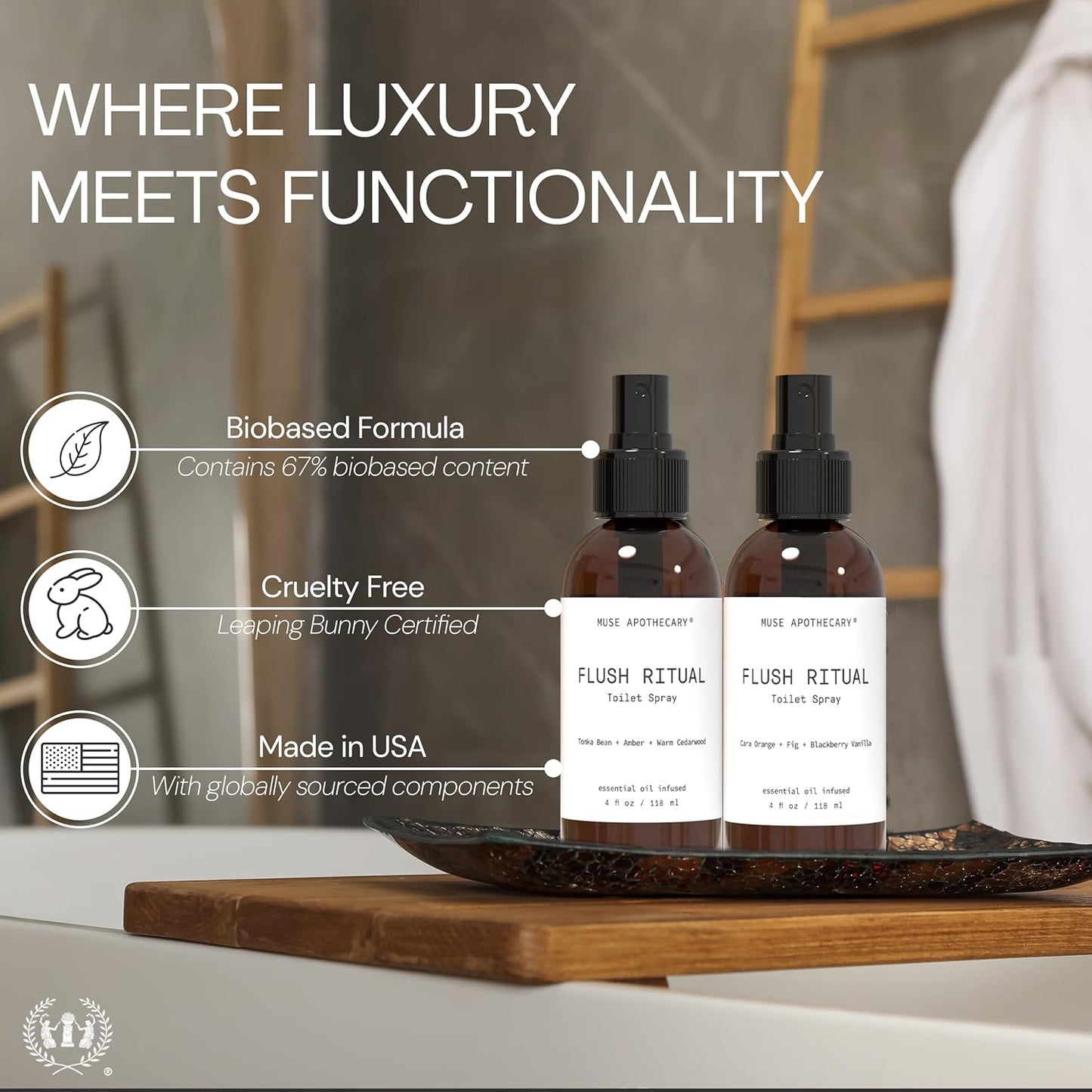 Muse Apothecary Flush Ritual - Aromatic & Refreshing Toilet Spray, Use Before You Go, 4 oz, Infused with Natural Essential Oils - Coconut + Sandalwood