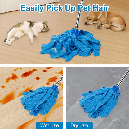 KeFanta Mop, Microfiber Cloth Mops for Floor Cleaning, One Pole with Two Microfiber Cloth Wet Mop Refills, String Mop with 49" Long Handle, Blue (1 Handle & 2 Mop Heads)