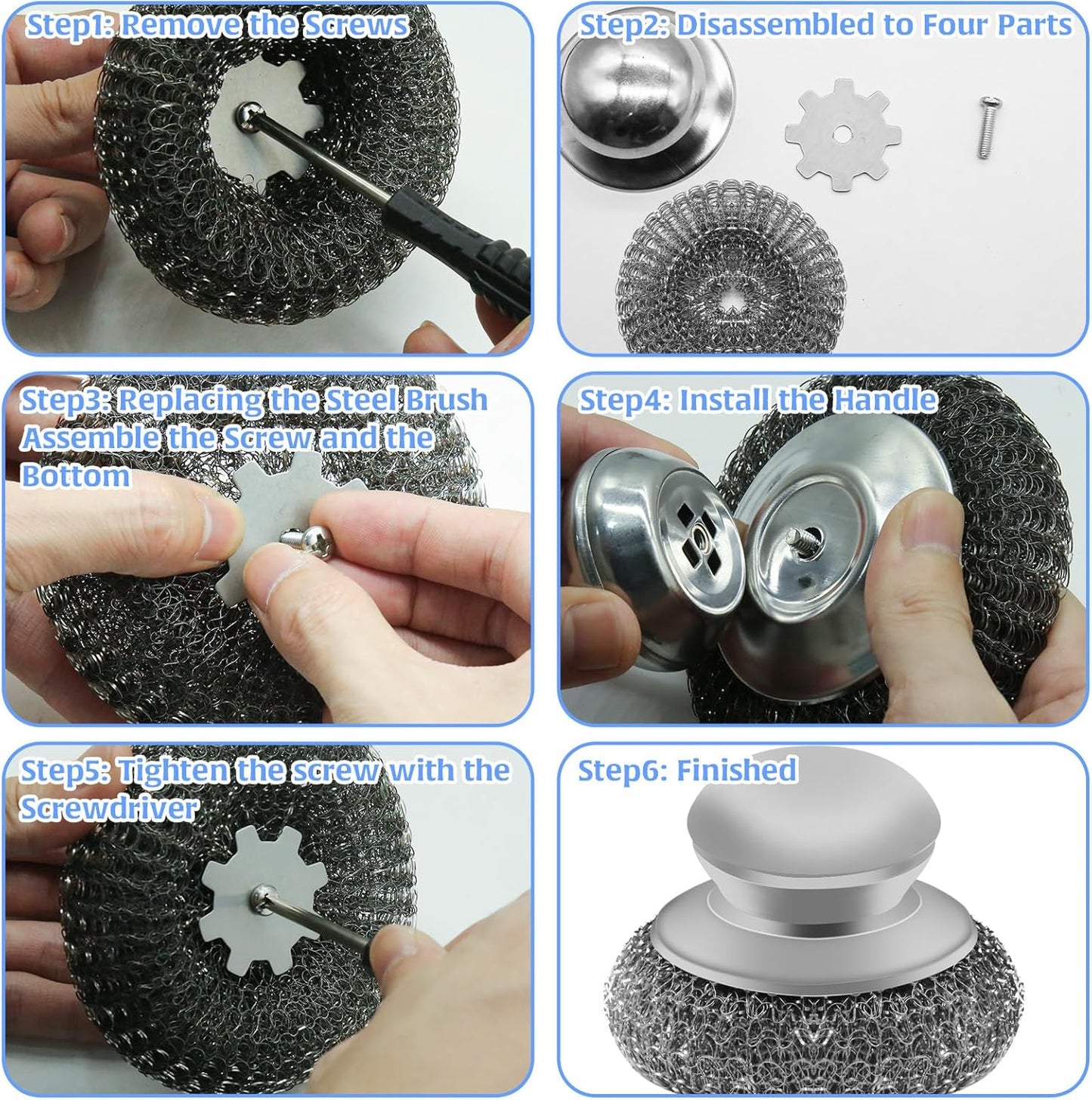 Stainless Steel Wool Scrubber with 2 Replacement Pads - Clean Metal Pans, Pots, Grills & More
