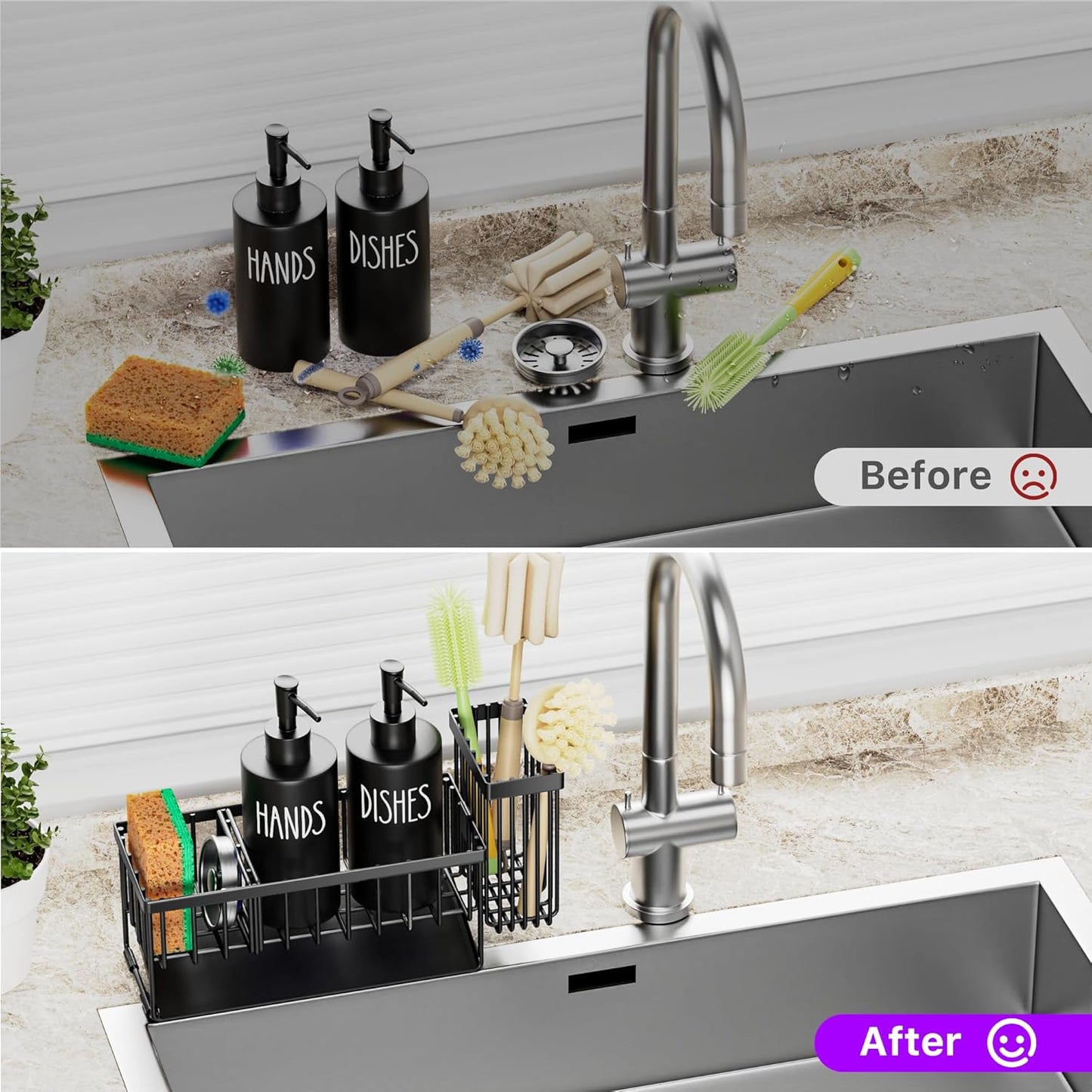 MASADI Kitchen Sink Caddy with Dish Soap Dispenser Set, 12OZ Glass Bottle, Hand and Dish Soap Dispenser Set, Non-Slip Silicone Pad, Brush Holder, Kitchen Sink Organizer Countertop (Black+Clear)