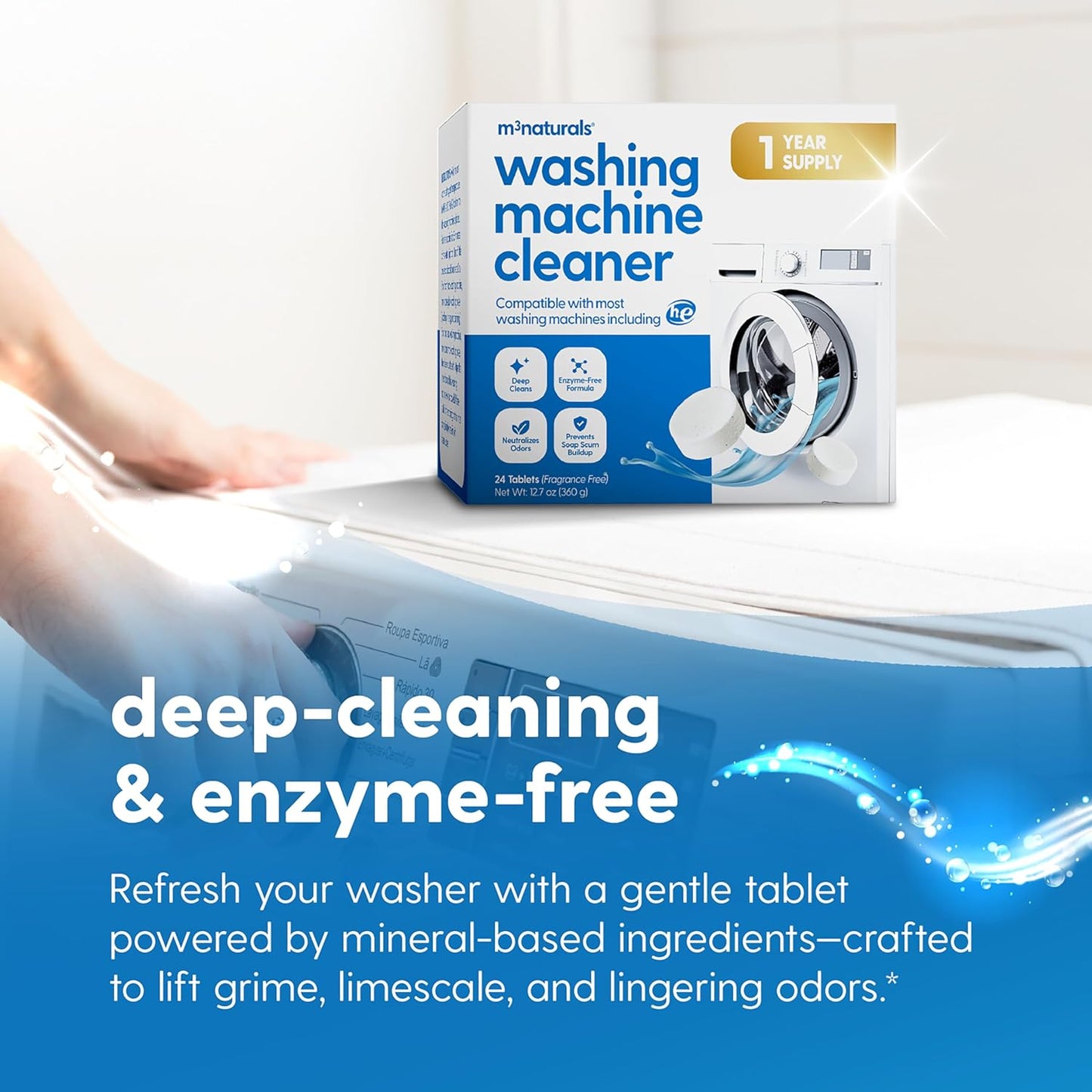 Dishwasher Cleaner & Deodorizer Tablets, Fights Grime, Grease, Limescale, Residue & Odor, Heavy Duty Cleaning Descaler Pods, Septic Safe, 24 Fresh Apple Scented Tablets, 1-Year Supply, by M3