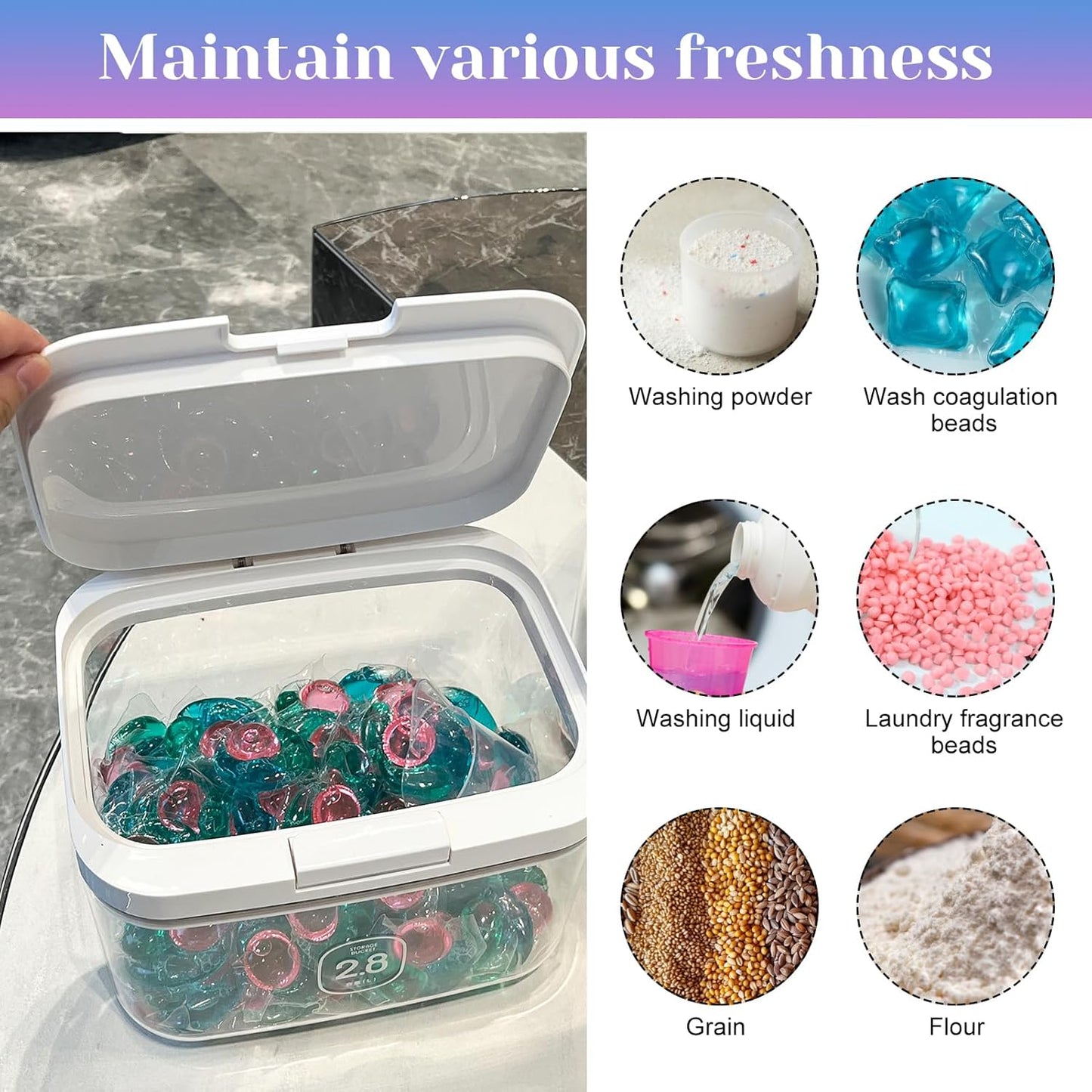 94oz/2.8L Laundry Pods Container for Room Organization Dishwasher Laundry Pod Holder with One-Press Lid and Scoop Large Capacity Holds 150 Pods Detergent Powder Container Sealed Dryer Sheet Holder