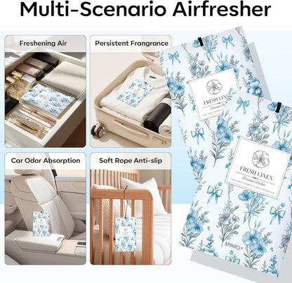 MYARO 12 Pack Fresh Linen Scented Sachets for Drawer, Closet & Car Air Freshener Bags | Odor Eliminator & Fabric Refresher | Crisp, Clean Home Fragrance Gift Set