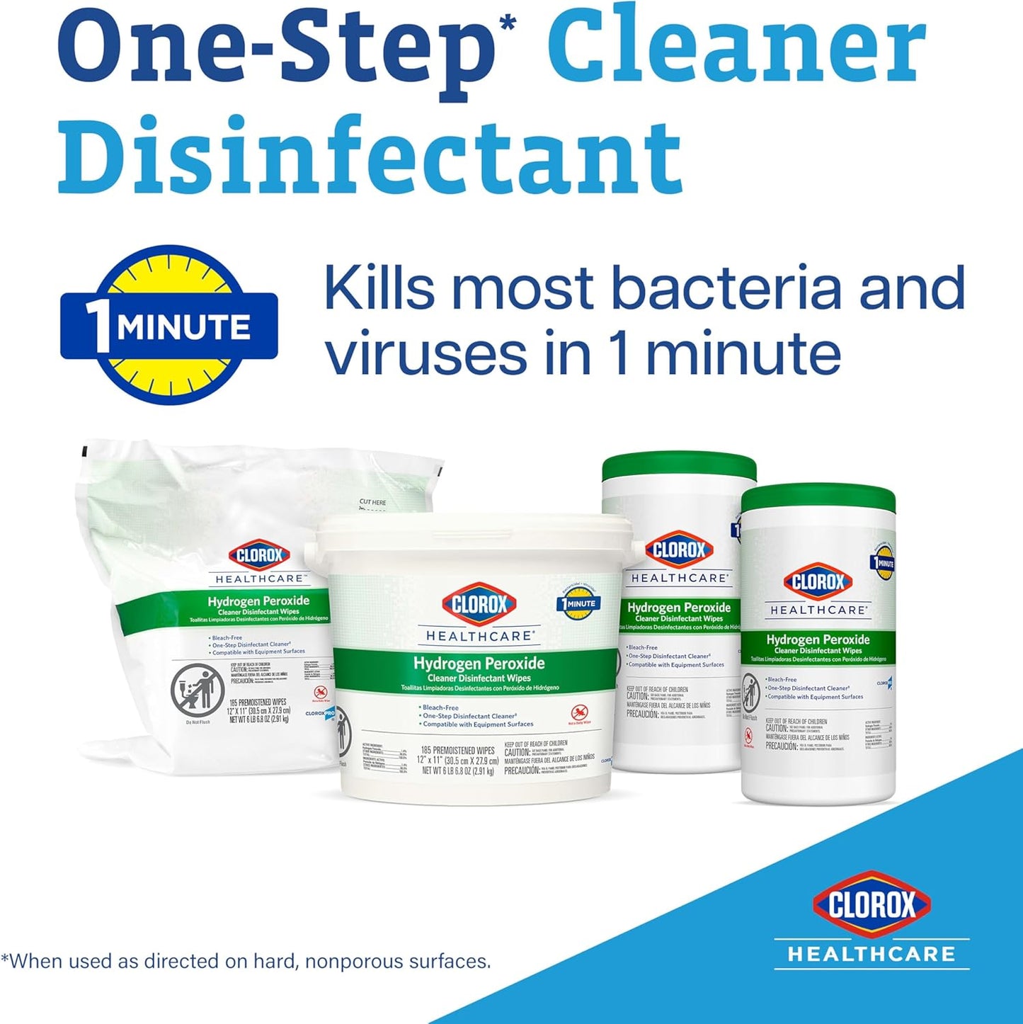 Clorox Healthcare Hydrogen Peroxide Cleaner Disinfectant Wipes, 12" x 11", Bucket, 185 Count (Package May Vary)