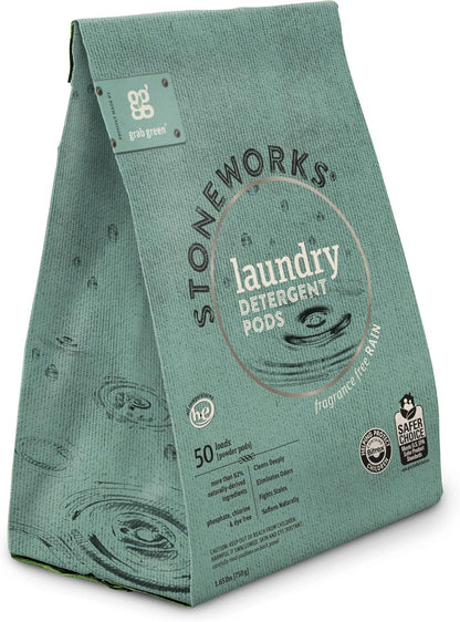 Grab Green Stoneworks Laundry Detergent Pods, 100 Count, Birch Branch Scent, Plant and Mineral Based, Cleans Deeply, Eliminates Odors, Fights Stains