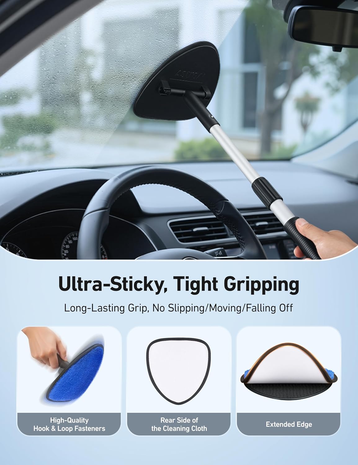 AstroAI Car Windshield Cleaner Tool, Window Cleaning Kit with 39in Car Mirror Squeegee, 4 Reusable Microfiber Pads and Extendable Handle, Blue