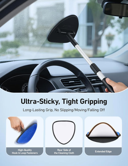 AstroAI Car Windshield Cleaner Tool, Window Cleaning Kit with 39in Car Mirror Squeegee, 4 Reusable Microfiber Pads and Extendable Handle, Blue