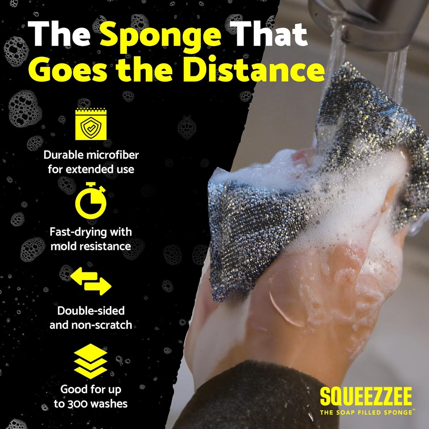 Squeezzee Soap Filled Scrubber Sponges 2-Pack - Non Scratch Scrubbing Sponge with Built-in Dishwashing Liquid Dish Soap, Double Sided Kitchen Cleaning Scrubbers, Up to 300 Washes Per Sponge