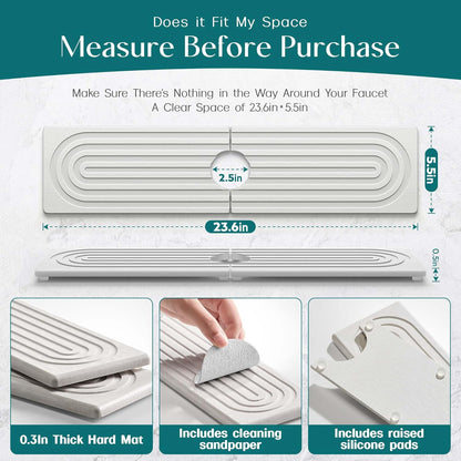 Eormoe Faucet Mat for Kitchen Sink – Diatomite Stone Drying Mat & Sink Protectors, Prevent Moisture – Sink Splash Guard Water-Absorbing Stone Tray for Bathroom Counter (Light Grey, 23.6" x 3.9")