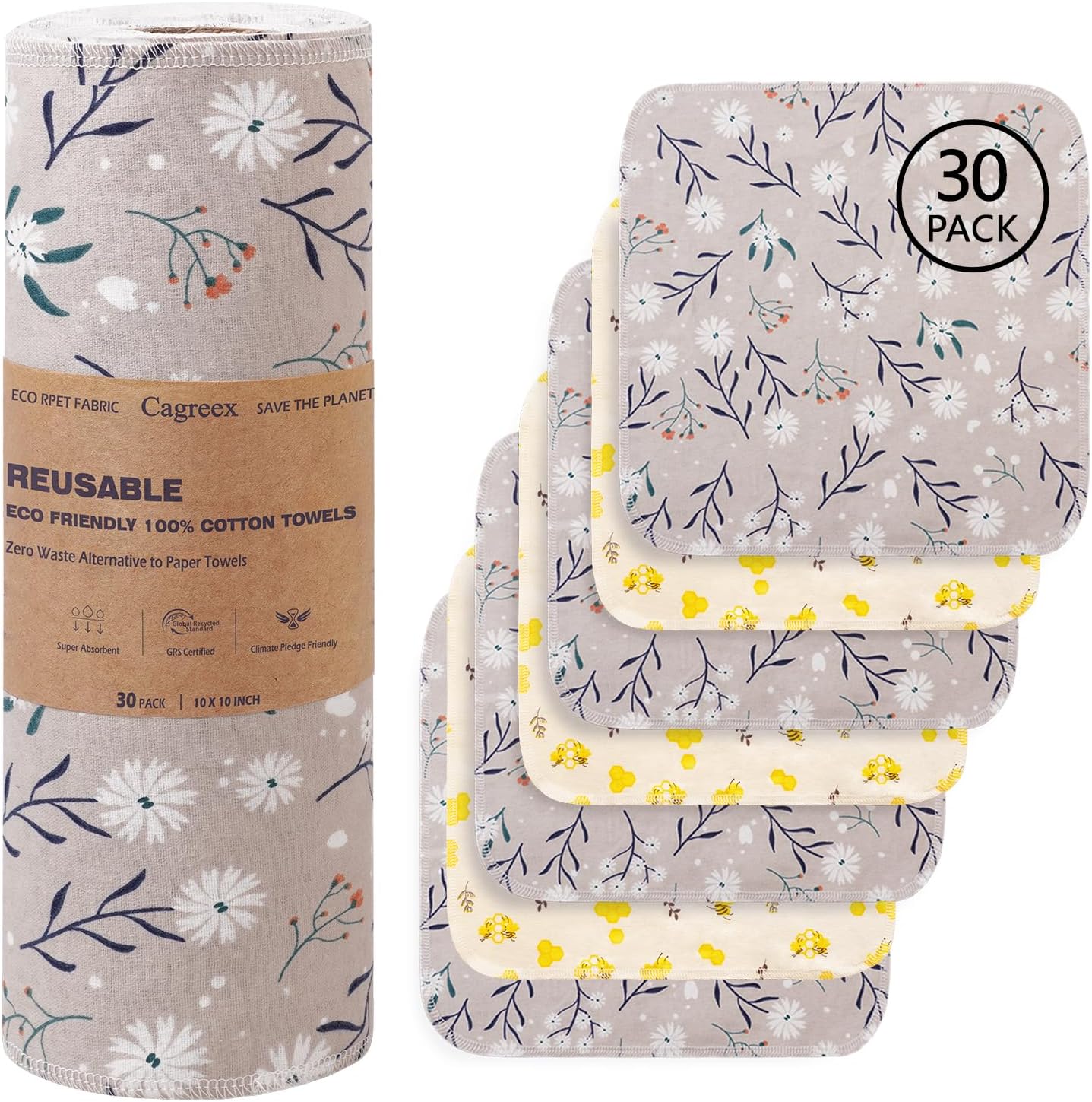 Reusable Dishcloths Kitchen Towels Cotton: 30 Packs 10X10 Washable Roll Paperless Paper Towels Absorbent Dishcloths Set Dish Tea Towel for Kitchen Drying (30Daisy, 10×10")