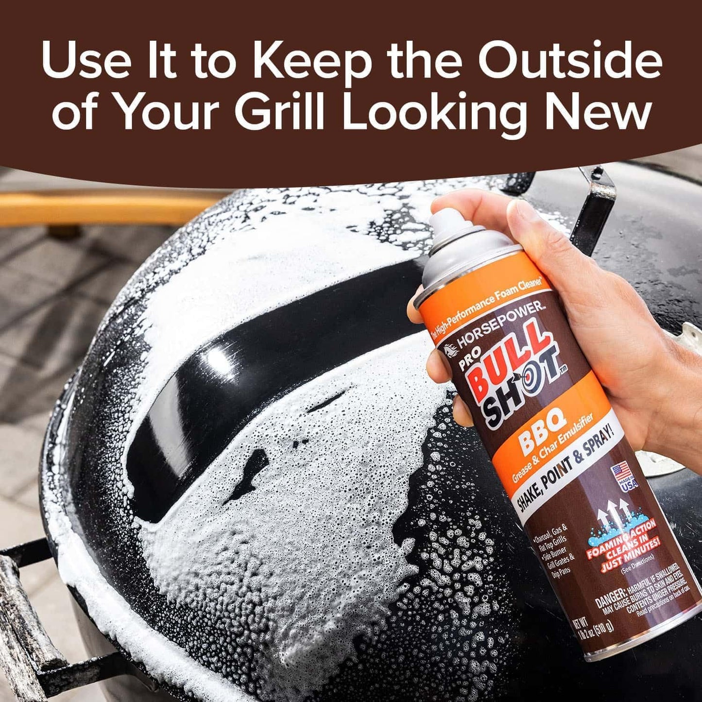 Bull Shot BBQ Pro, Foaming Grill Cleaner, AS SEEN ON TV, Professional Strength Foam Spray Emulsifies Burnt Grease & Char on Grates, Racks, Pans, Smokers & Griddles Cleans in Just 10 Min - Made in USA