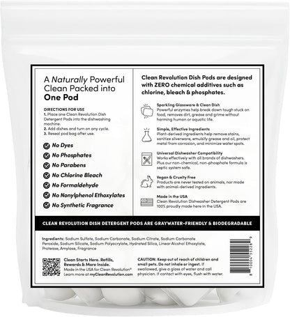 Clean Revolution All Natural Dishwasher Detergent Pods, 60 Pods, Enzyme Powered, No Chemical Additives, No Residue - SUN LEMON - Made in USA