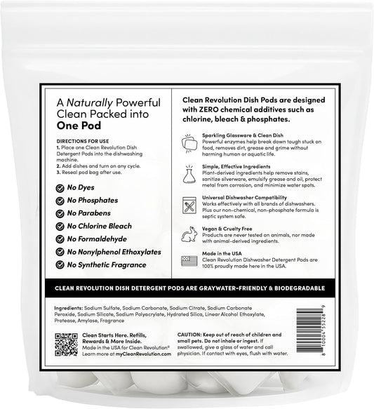 Clean Revolution All Natural Dishwasher Detergent Pods, 60 Pods, Enzyme Powered, No Chemical Additives, No Residue - SUN LEMON - Made in USA