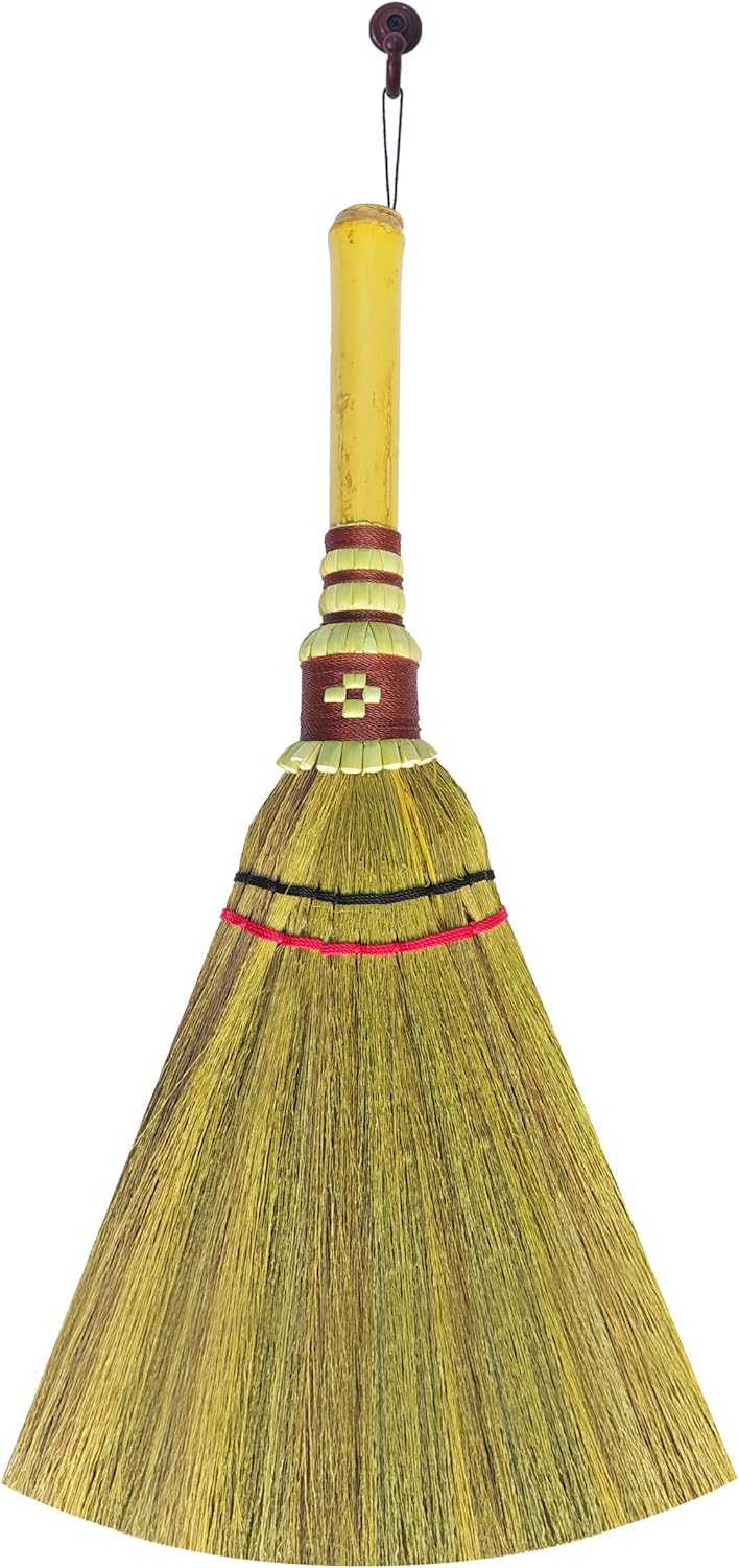 Handmade,Natural Grass Asian, Whisk Broom Thai, Handle Bamboo, Soft Brush Mini with Solid Wood Handle Retro Nature No Static Electricity Sweeping 13in
