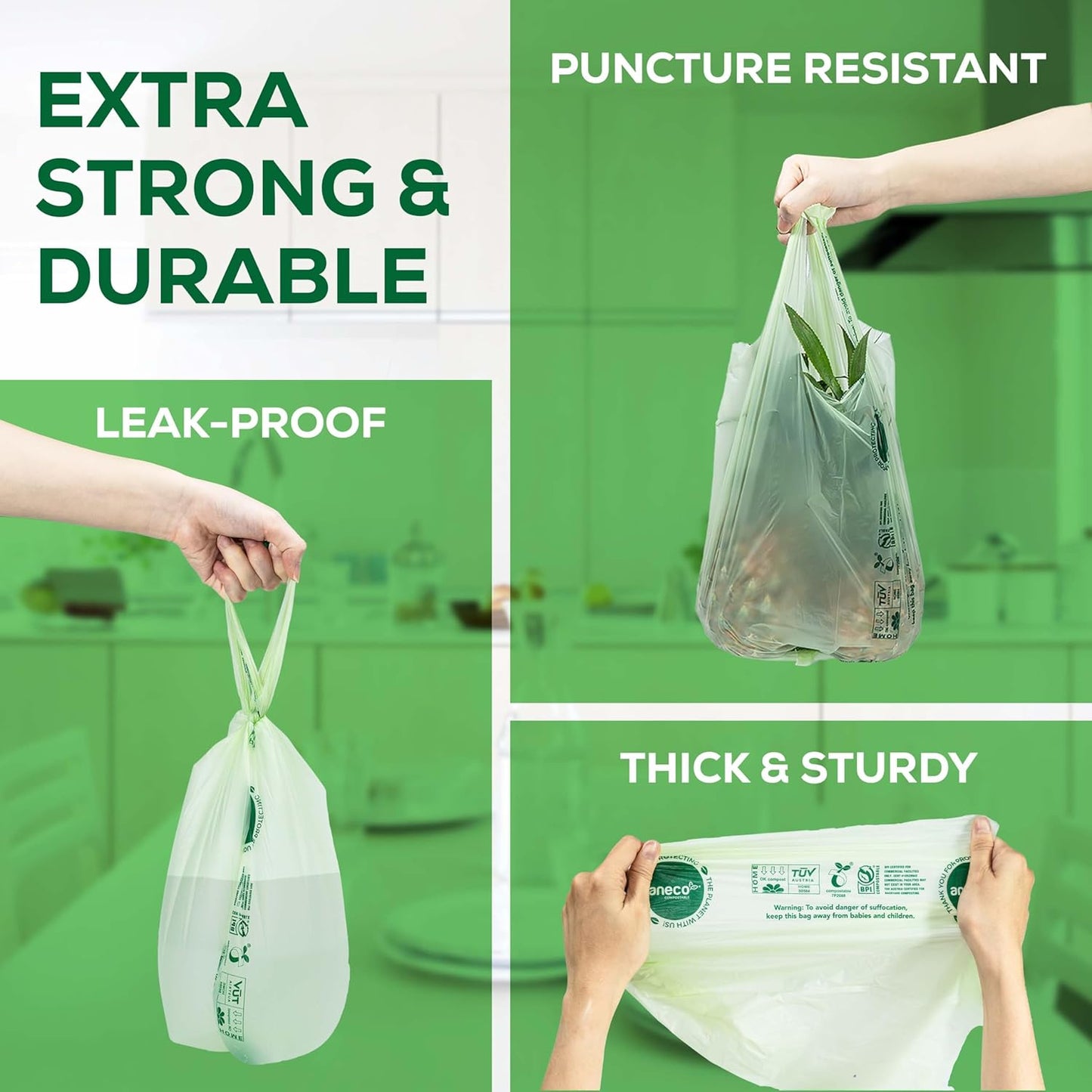 (Include 10 Bonus Bags) ANECO 100% Compostable Waste Bags 2.6 Gallon, Extra Thick Kitchen Small Compost Bags for Countertop Bin, 110 Count (100 + 10 Extra)