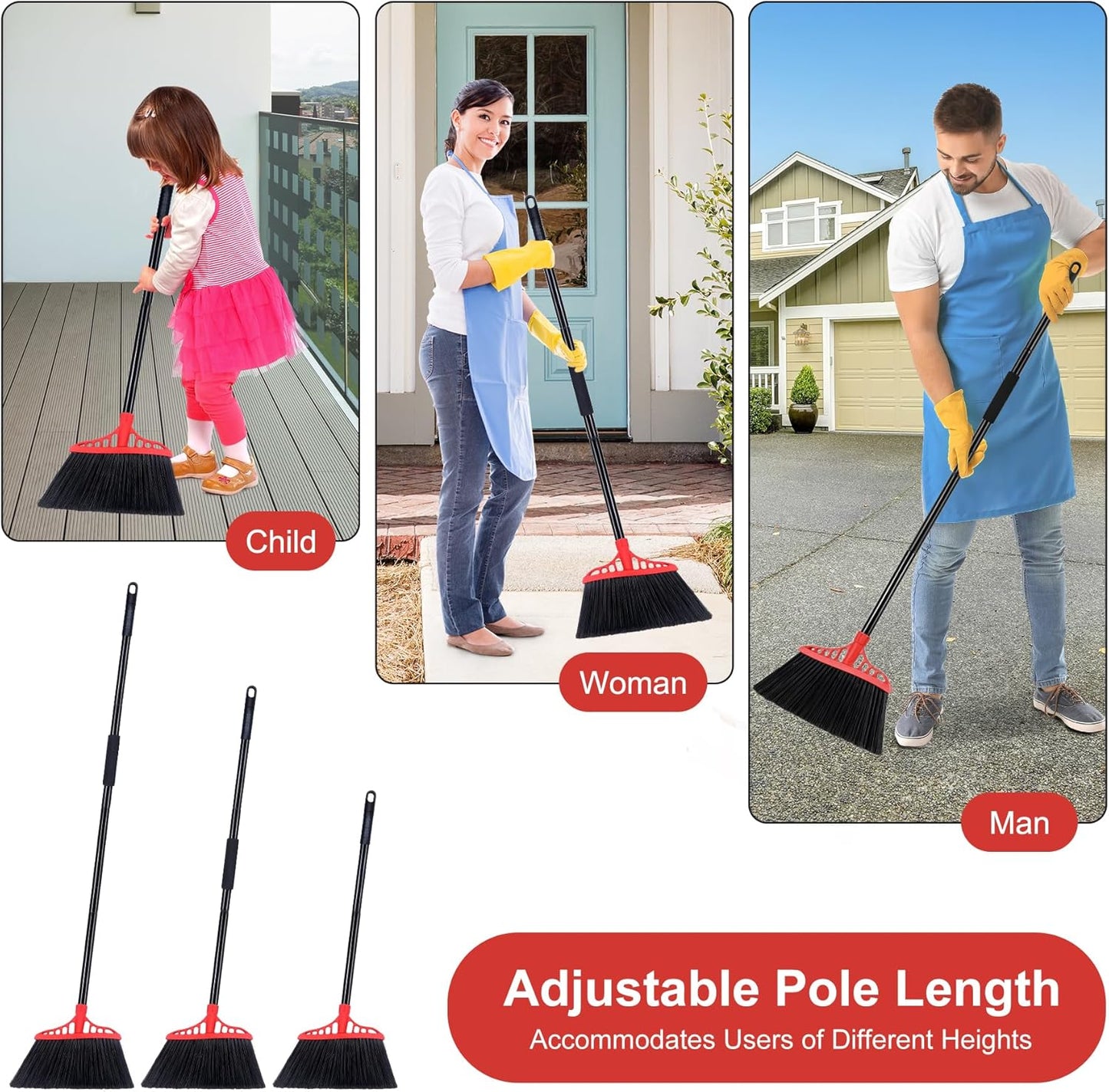 Tiumso 3-Pack Heavy Duty Broom, Commercial Broom with 55" Long Handle Outdoor Indoor, Industrial Brooms for Sweeping Garage Concrete Courtyard Patio Home Kitchen Office - All Black