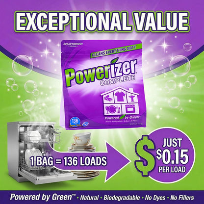 Powerizer Complete - Dishwasher Detergent Powder With Oxi Stain Remover & Rinse Aid, 3-in-1 Concentrated Formula, 136 Loads (3lb)