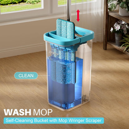JOYMOOP Microfiber Flat Mop and Bucket System, Mops for Floor Cleaning and Wall Cleaner, Hardwood, Tile, Laminate, Vinyl Floors, Smooth Walls, and Glass Windows - 50" Flat Mop+1 Microfiber Pad[White]