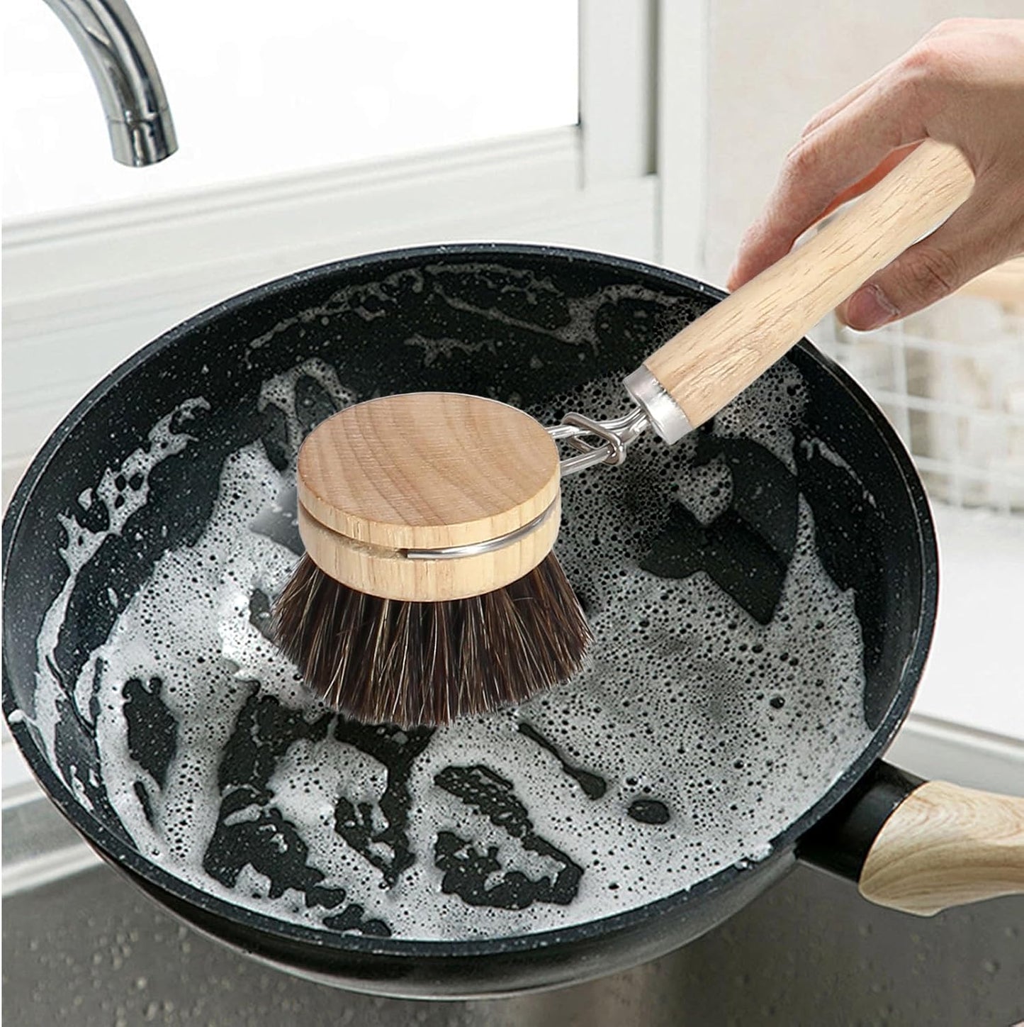 Wooden Dish Brush Set, 4 Natural Bristle Replacement Heads with 1 Sturdy Wooden Handle, Sisal Kitchen Scrub Brush for Pots, Pans, Vegetables and Cookware