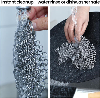 TOPULORS Cast Iron Scrubber 316 Stainless Steel Skillet Cleaner 8"x6" Chainmail Scrubber Scraper Chain Mail Link Scrub for Cast Iron Pre-Seasoned Pans, Griddles, BBQ Grills, and Pot Cookware Cleaning
