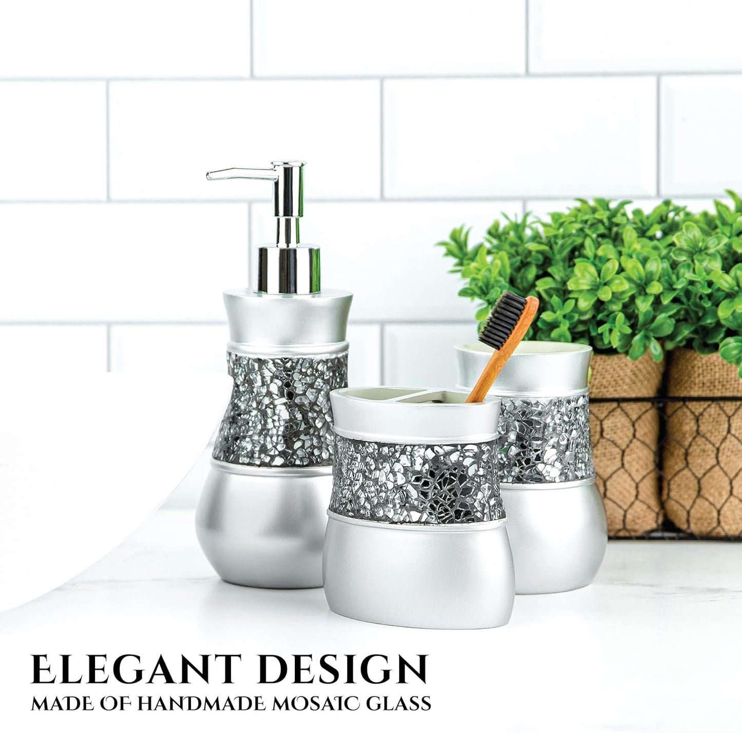 Creative Scents Crackled Glass Toilet Brush with Holder - Silver Toilet Bowl Cleaner Brush and Holder - Good Grip, Deep Cleaning, Decorative Design Compact Toilet Bowl Scrubber