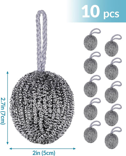 NiHome 10-Pack Steel Wool Scrubbers for Kitchen Cleaning, Stainless Steel Scourers with Hanging String, Reusable Rust-Resistant Scrubbers for Pots, Pans, Grill Racks, Sinks, Cast Iron