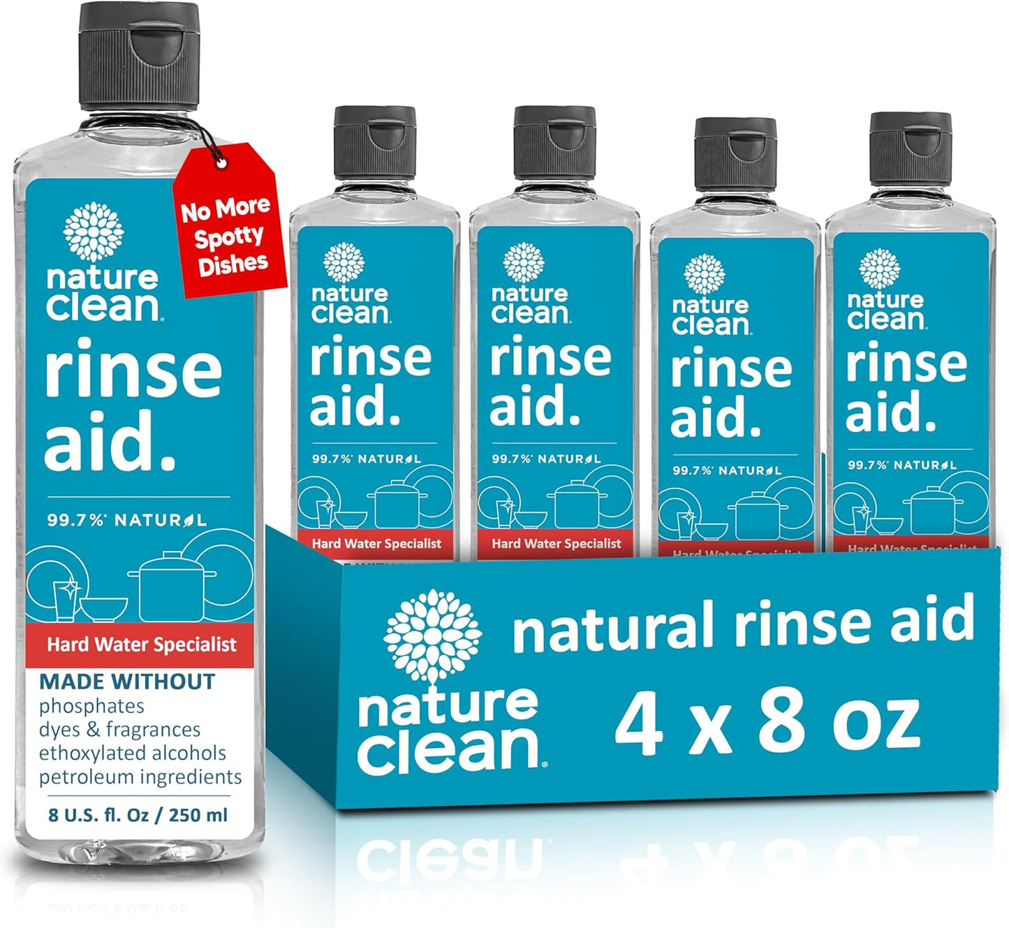 Nature Clean All Natural Dishwasher Rinse Aid Cleaner, Liquid Dishwasher Rinse Agent Spot-Free Glass & Cutlery in Hard Water, Non-Toxic Dish Washer Drying Agent & Stain Remover, 8 oz/250ml, Pack of 1