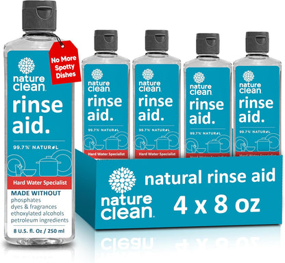 Nature Clean All Natural Dishwasher Rinse Aid Cleaner, Liquid Dishwasher Rinse Agent Spot-Free Glass & Cutlery in Hard Water, Non-Toxic Dish Washer Drying Agent & Stain Remover, 8 oz/250ml, Pack of 1