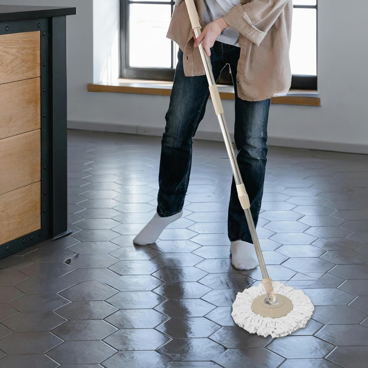 Spin Mop Replacement Handle, 47.6-inch 360 Degrees Rotating Telescopic Replacement Mop Stick with a Robust Stainless Steel Disc for Spin Mop Bucket Cleaning System (Stainless Steel Disc,Purple)