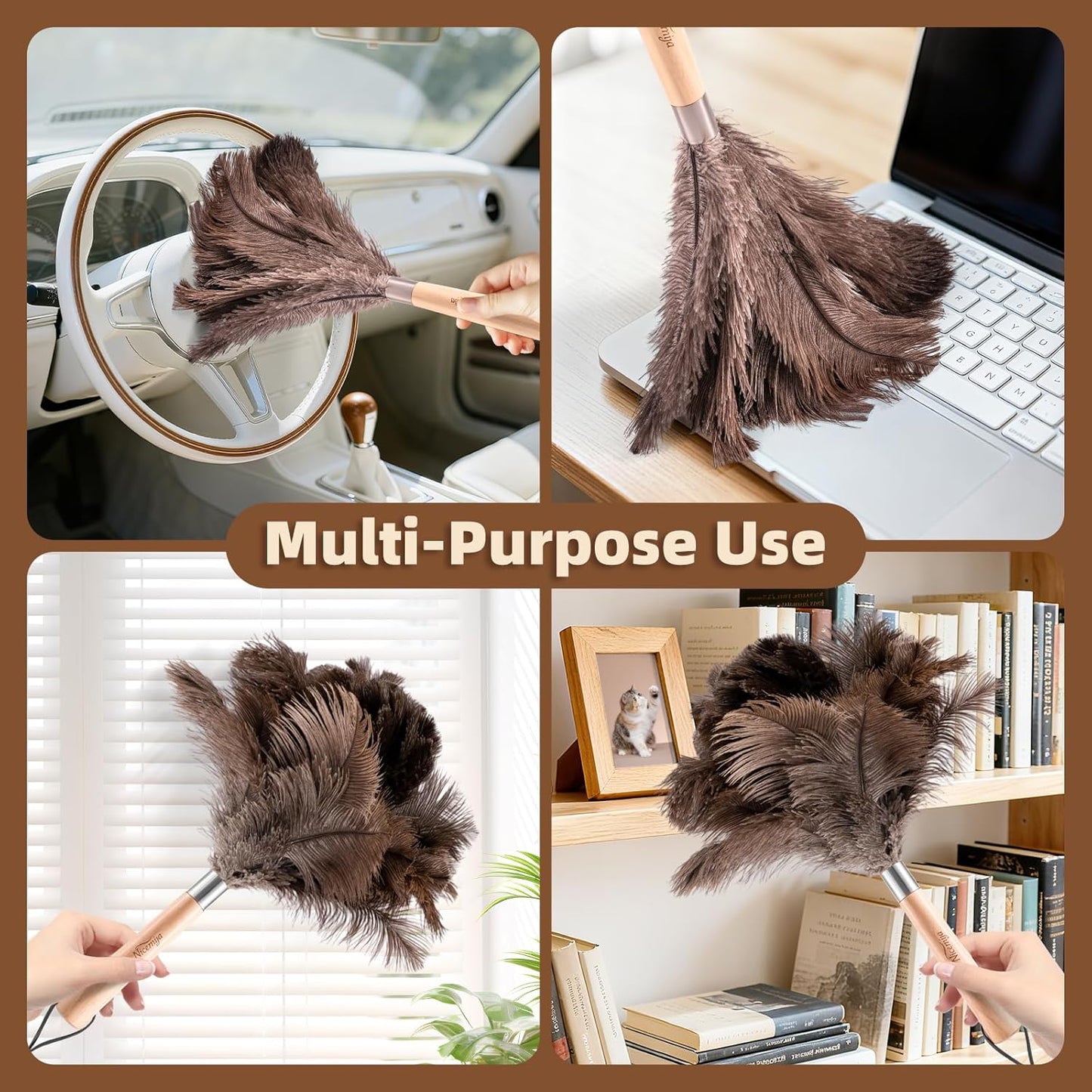 Extendable Ostrich Feather Duster with 19-49 inch Rotatable Stainless Steel Pole, Natural Feather Duster for Ceiling Fan Cobweb Dusting, Reusable Flexible Cleaning Duster(Include 1 Replacement Heads)