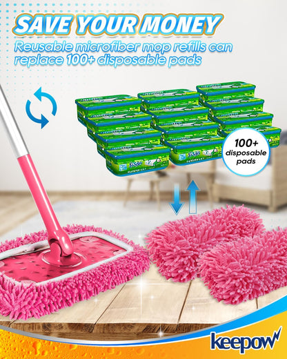 KEEPOW Reusable Microfiber Mop Pads Compatible with Swiffer Sweeper, Dry Sweeping Cloths, Washable Wet Mopping Cloth Refills for Hardwood Floor Cleaning, 6 Pack