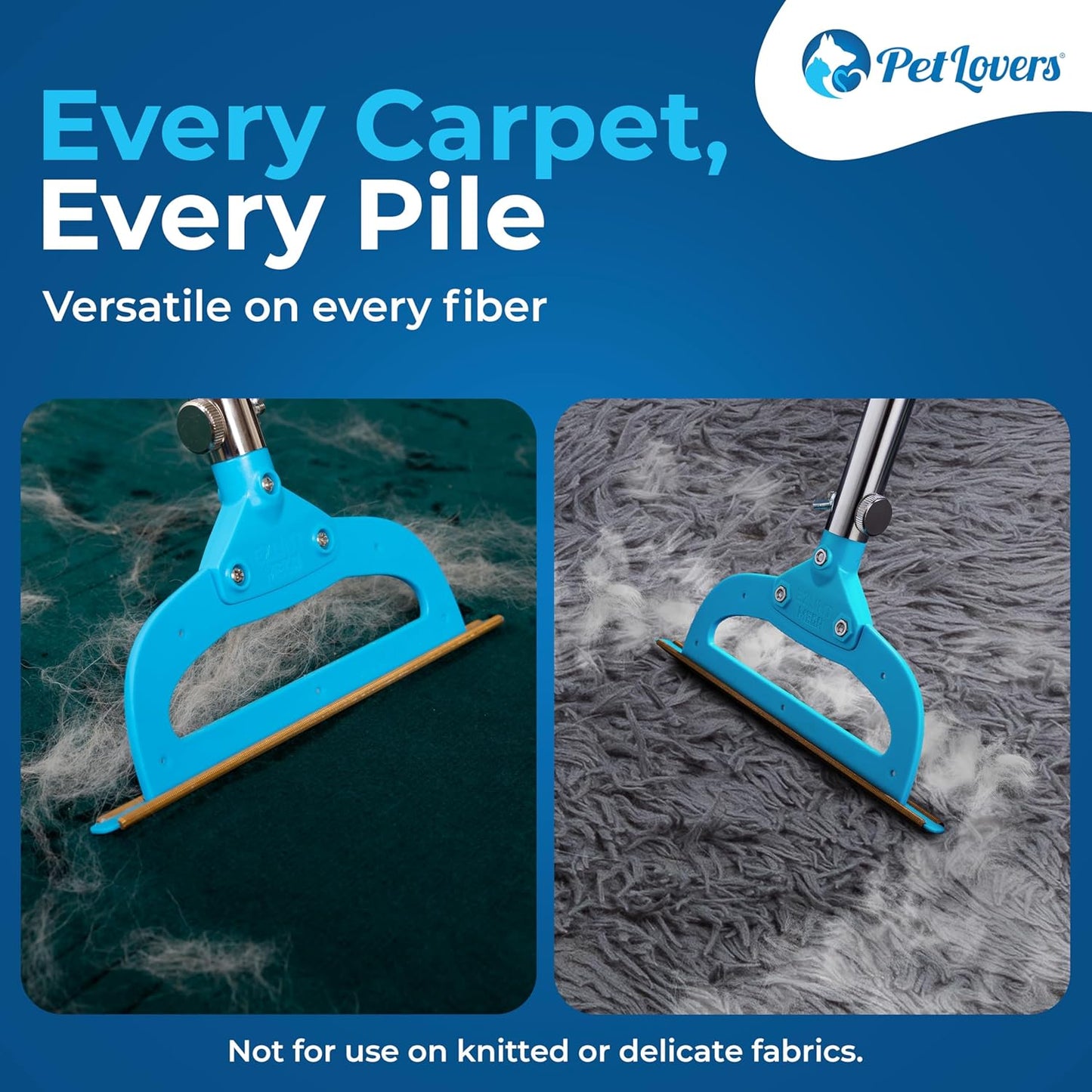 PetLovers EzLint Mega 52" Carpet Rake & Pet Hair Removal Tool – Dog & Cat Hair Remover Broom with Adjustable Handle & Extra Wide Head for Carpets, Rugs & Stairs Ocean Blue