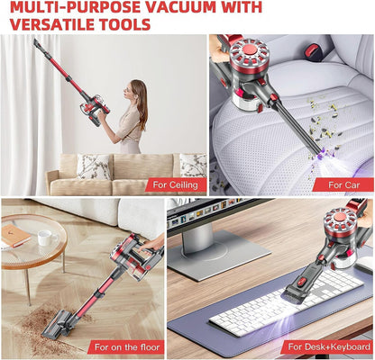WLOTPO Cordless Vacuum Cleaner for Home,Lightweight Stick Vacuum Cordless Rechargeable with Power Suction, Up to 35 Mins Runtime, Hardwood Floor Vacuum for Pet Hair,Carpets,Tile(Cherry Red)