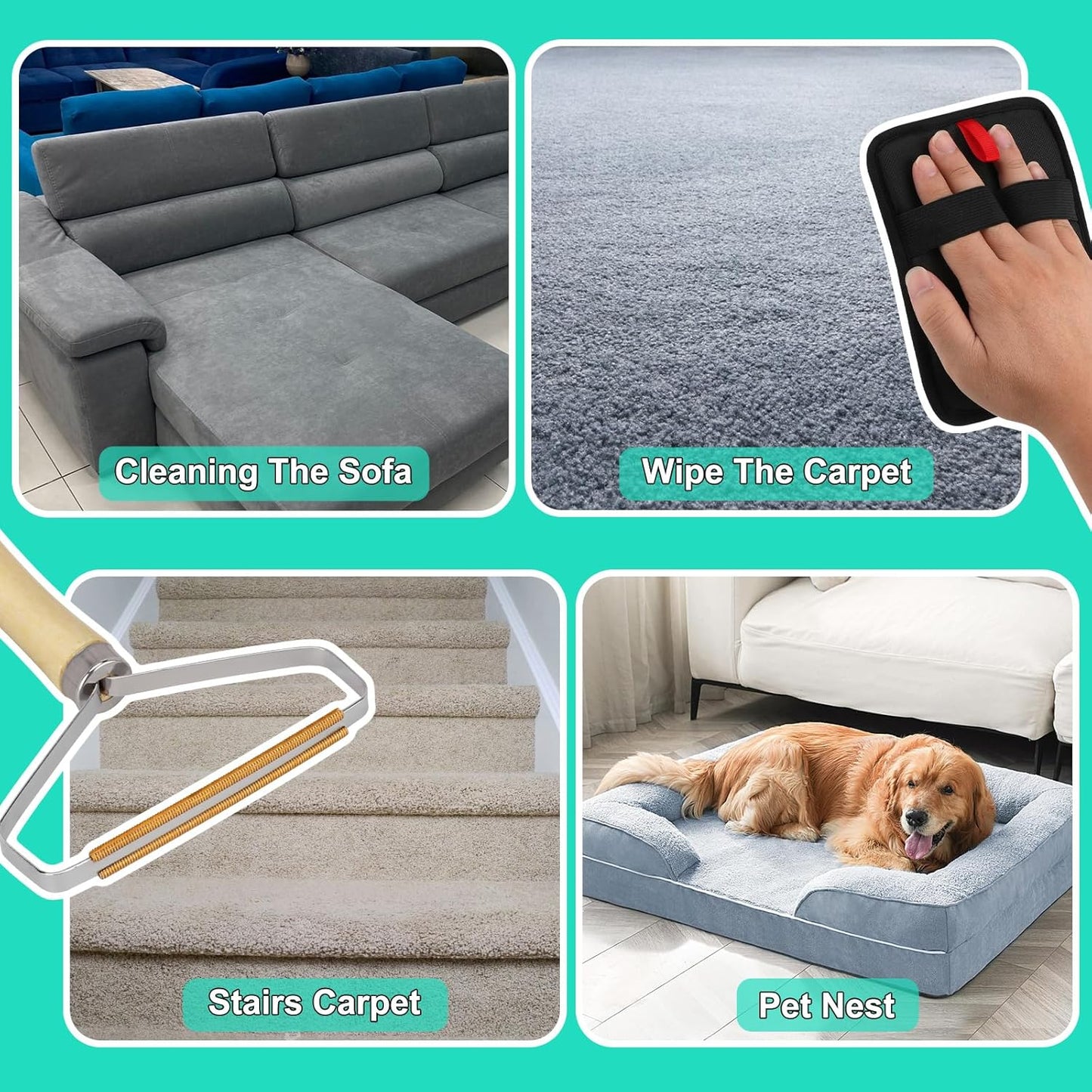 3 in 1 Carpet Rake for Pet Hair Removal, Reusable Pet Hair Remover Broom, 60'' Adjustable Long Handle Dog and Cat Hair Remover Tool Set of 3, Lint Remover Scraper for Carpets, Rugs, Mats, Couch, Car