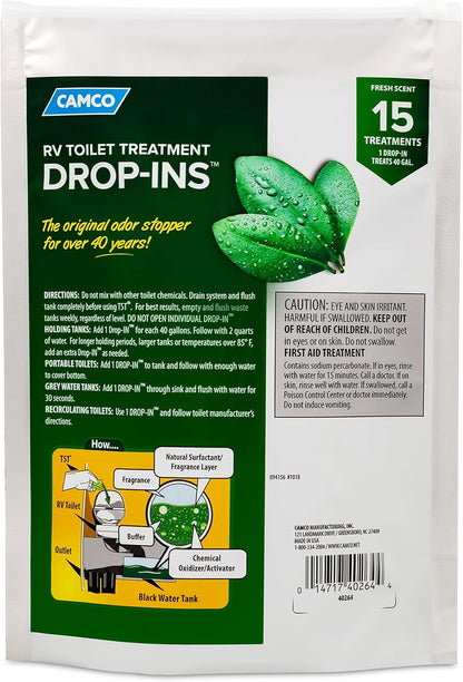 Camco TST MAX RV Toilet Treatment Drop-INs - Control Unwanted Odors & Break Down Waste and Tissue - Safe Septic Tank Treatment - Orange Scent, 30-Pack (41183)