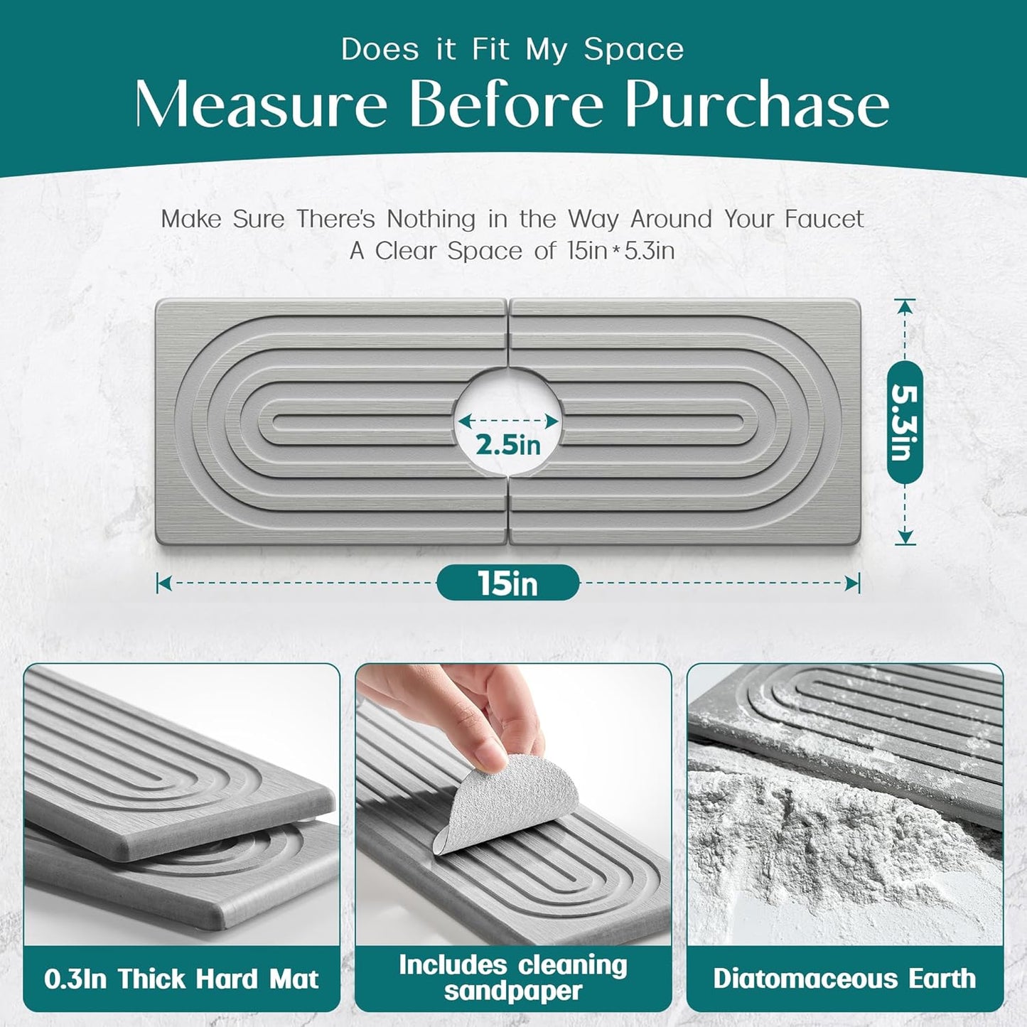 Eormoe Faucet Mat for Kitchen Sink – Diatomite Stone Drying Mat & Sink Protectors, Prevent Moisture – Sink Splash Guard Water-Absorbing Stone Tray for Bathroom Counter (Light Grey, 23.6" x 3.9")
