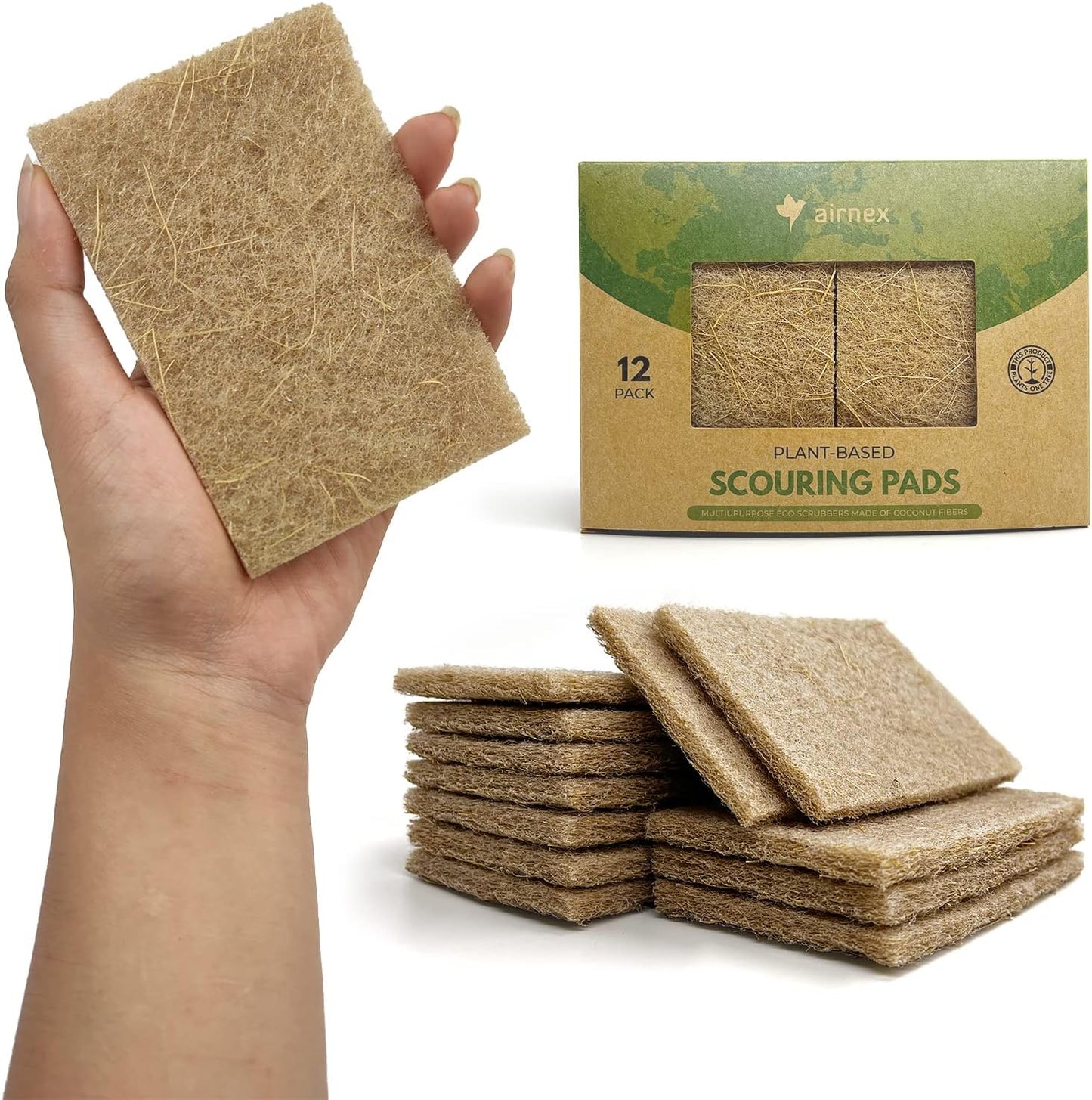 AIRNEX Plant-Based Scouring Pads for Dishes - Coconut Husk Non Scratch Scrub Pads - Natural Kitchen Scrubbing Pads for Pots & Pans - Eco Friendly & Non Abrasive Dish Scrubber Pads - Pack of 24