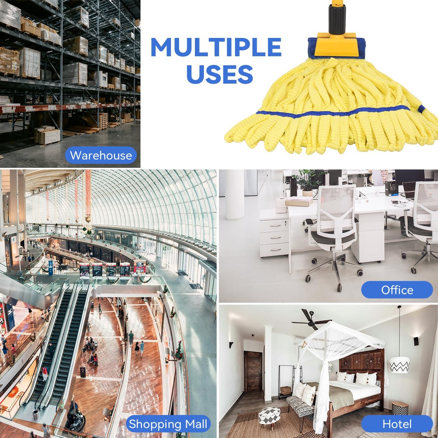 Heavy Duty Commercial Mop Head Replacement Microfiber Tube Mop Heads for Floor Cleaning: 3 Packs Looped End Wet Mop Head Refill for Home Commercial Industrial Use (Yellow)