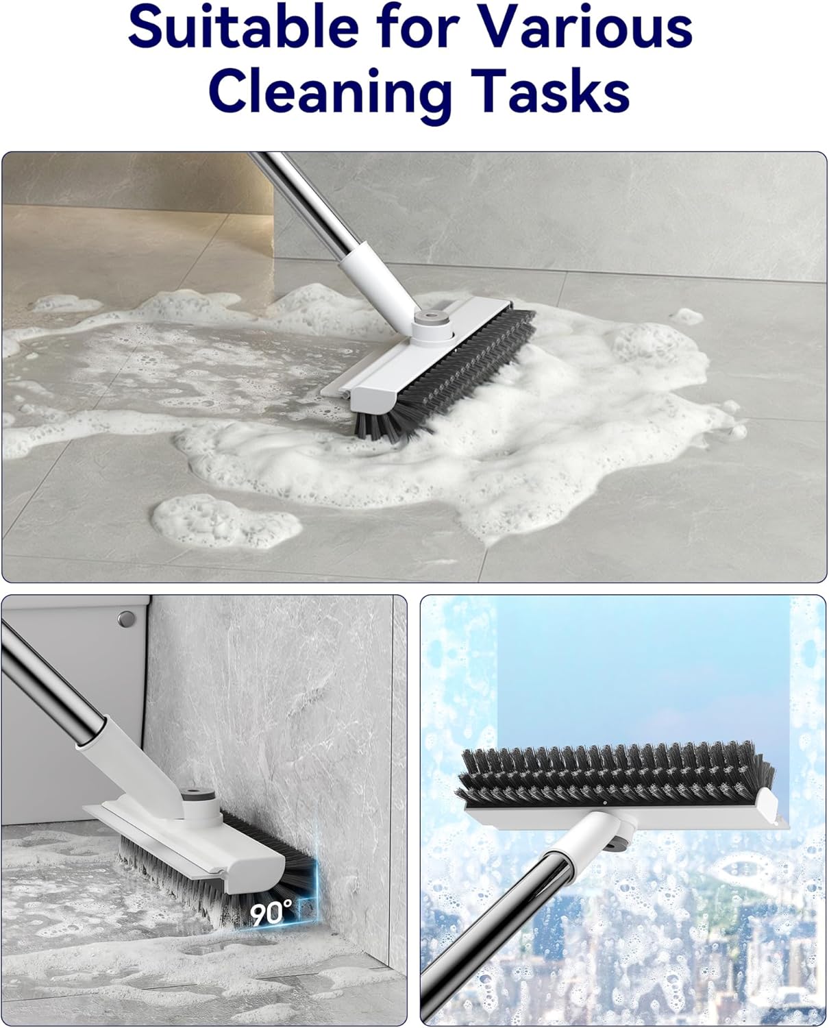 Small Floor Scrub Brush with Length Adjustable Long Handle, 3 in 1 Heavy-Duty Stiff Bristle Scrubber Brush with Squeegee and Tweezer for Cleaning Bathroom, Tile, Deck, Patio, Garage and Kitchen