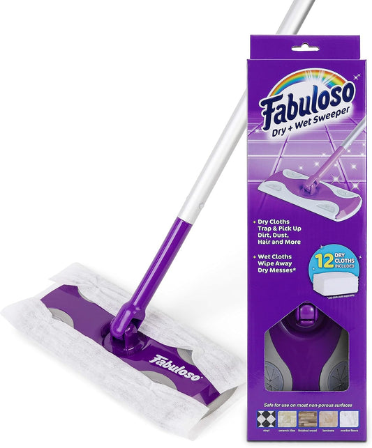 Fabuloso Dry and Wet Sweeper, 2-in-1 Floor Dust Mop for Dry Sweeping and Light Wet Mopping, Lightweight Aluminum Handle, Swivel Low-Profile Head, Bonus 12 Dry Pads Included