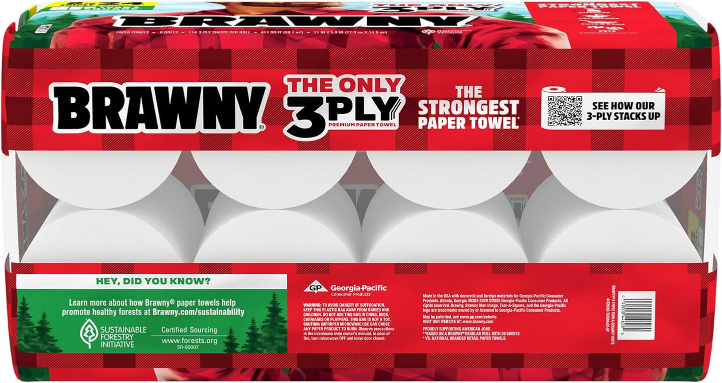Brawny Tear-A-Square 3-Ply Paper Towels, 6 Double Rolls = 12 Regular Rolls, Strong, Absorbent, and Durable with 3 Sheet Sizes (Quarter, Half, Full)