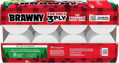 Brawny Tear-A-Square 3-Ply Paper Towels, 6 Double Rolls = 12 Regular Rolls, Strong, Absorbent, and Durable with 3 Sheet Sizes (Quarter, Half, Full)